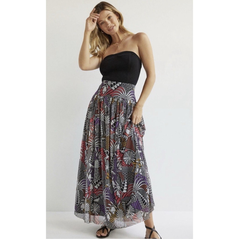 Farm Rio Anthropologie Tropical Print Tiered Midi Skirt Women's S Black Pink